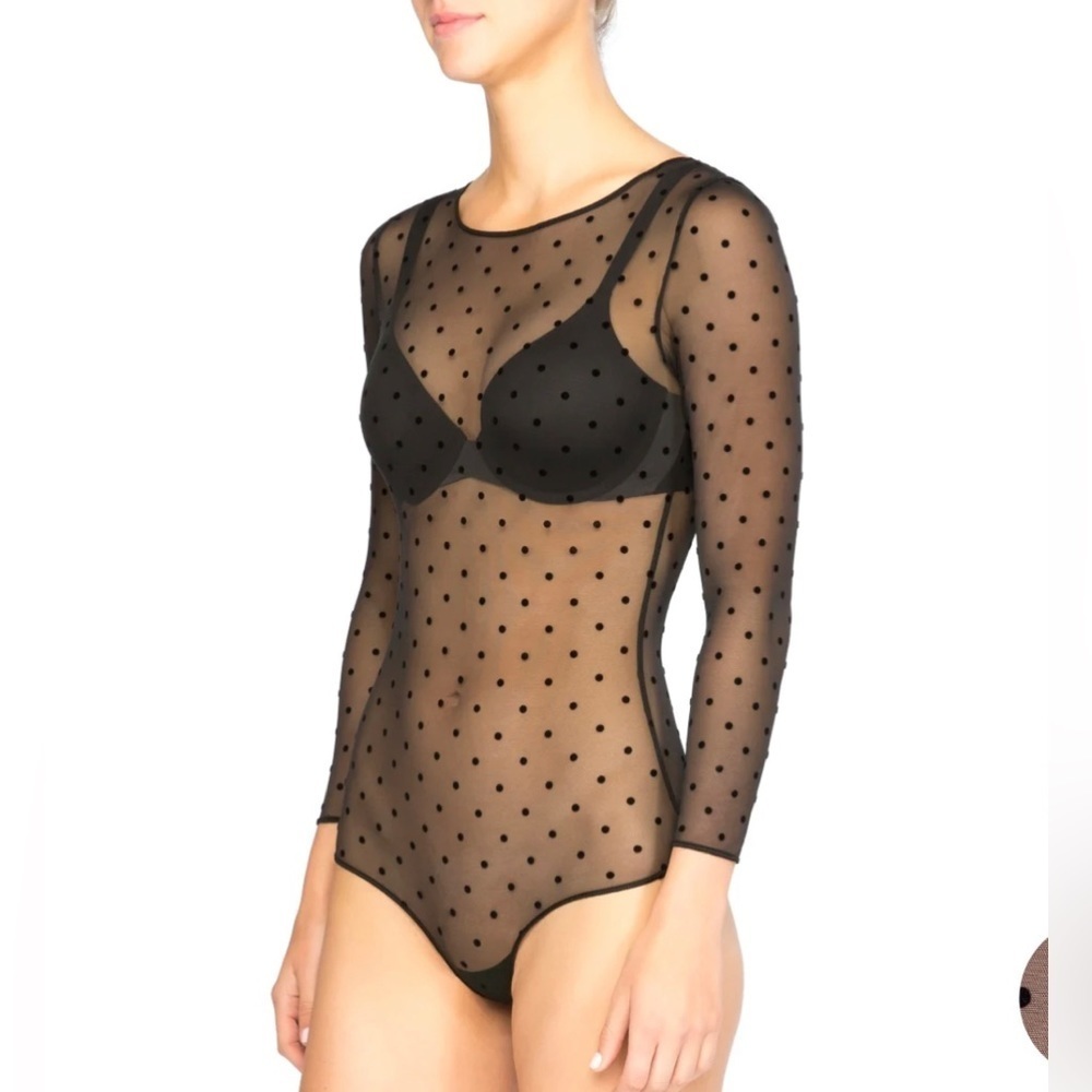 NEW SPANX - Smoothing Mesh Flocked Dot Thong Bodysuit